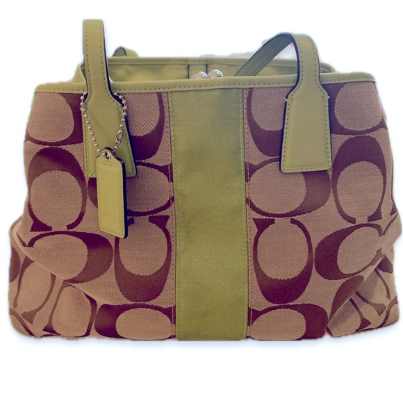 Coach Handbags - COACH signature beige fabric and lime green stripe bag, EUC